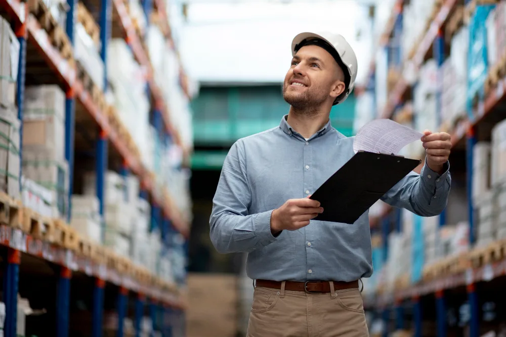 Manager inspecting warehouse storage