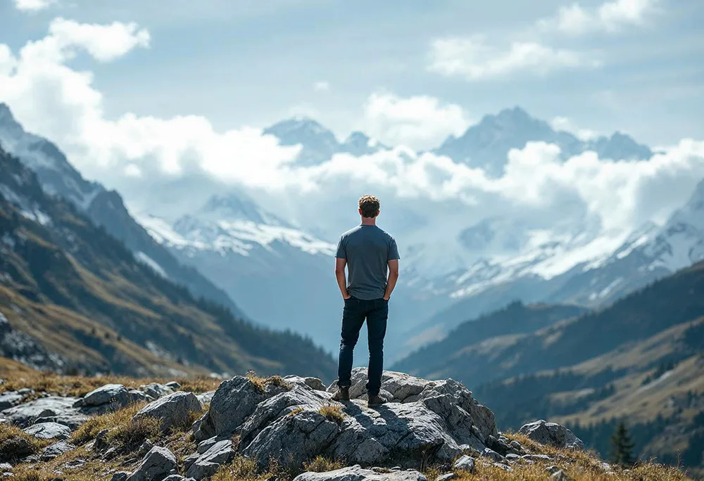 Rear view on Mark Zuckerberg in mountains
